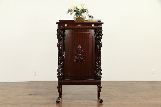 Mahogany Antique Music or Folio File Cabinet, Carved Figures, Paw Feet #32072 photo