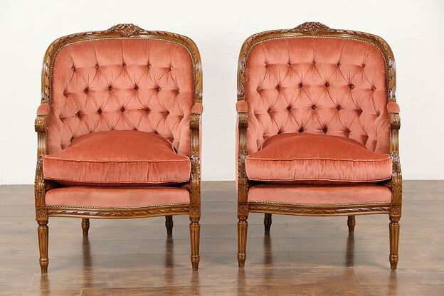 Pair of French Louis XVI Style Vintage Carved Chairs, Tufted Upholstery photo