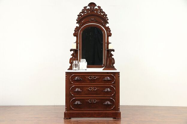 Victorian Antique Chest or Dresser, Carved Pulls, Marble Top, Mirror #29760 photo