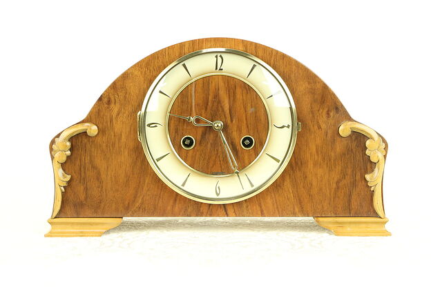 Art Deco Vintage German Mantel Clock, Walnut Dial, Chime, Hermle #30384 photo