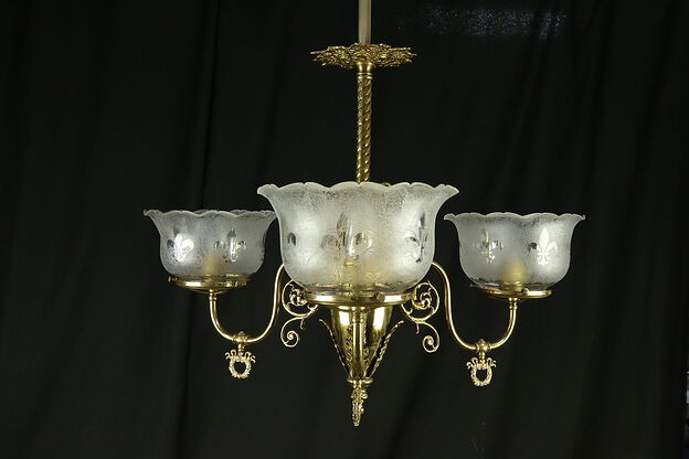 Victorian Brass Gas Chandelier, Antique Glass Shades, Electrified #30558 photo