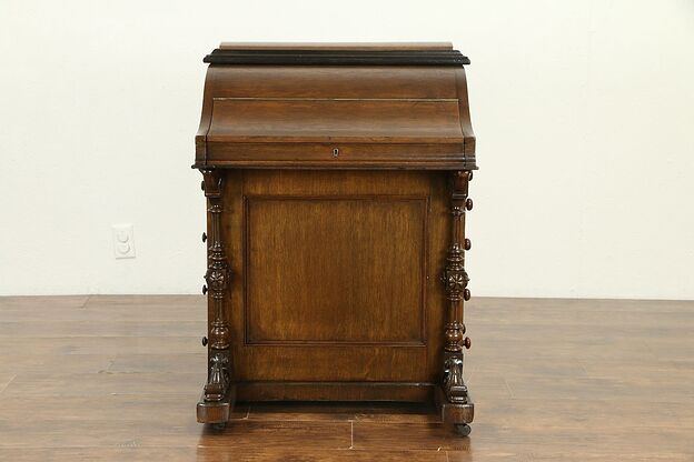 Victorian Oak Antique Davenport Desk, Pop Up File, Leather Easel Desk photo