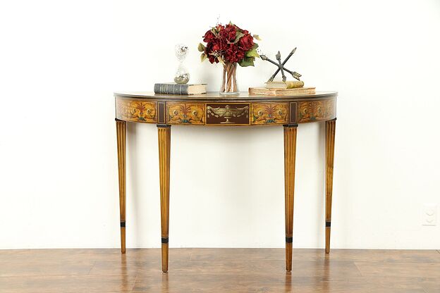Hand Painted Satinwood Antique Demilune Hall Console Table, Lammerts #31019 photo