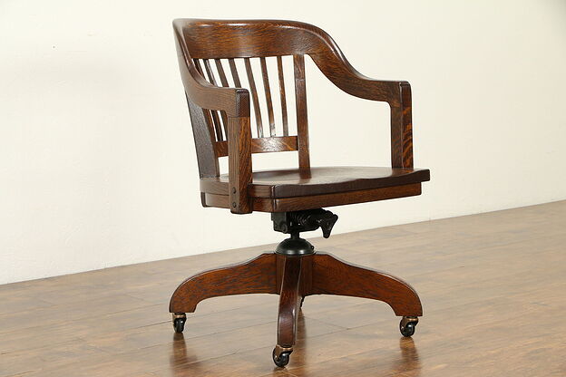 Oak Quarter Sawn Antique Swivel Adjustable Office or Library Desk Chair #31918 photo