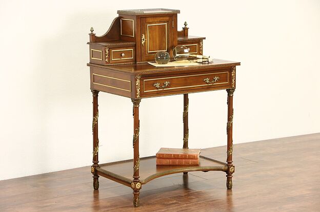 Spanish Walnut Vintage Secretary Desk, Leather Top, Brass Mounts & Galleries photo