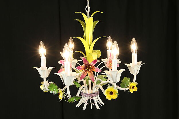 Wrought Iron Vintage Italian Chandelier, Hand Painted Flowers 20" #31326 photo
