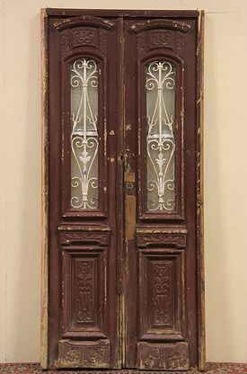 Pair of Architectural Salvage French Pine 1870 Antique Doors, Iron Grills photo