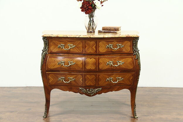 Bombe & Marquetry Rosewood Chest or Commode, Marble Top, Italy, Signed Grosfeld photo