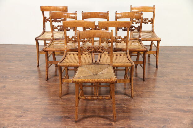 Set of 8 Antique 1825 Curly Tiger Maple Greek Revival Dining Chairs #29785 photo