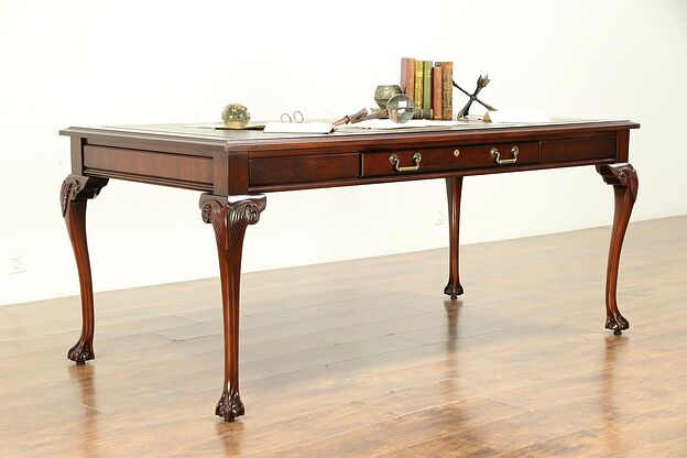 Georgian Style Vintage 6' Library Desk, Claw Feet, Leather Top, Kimball #30308 photo