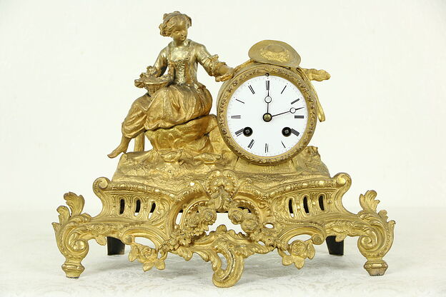 French Antique Bronze Clock, Sculpture of Girl Feeding Chicks, Signed Mourey photo