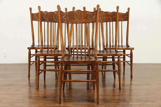 Set of 6 Victorian Antique Press Back Carved Oak Dining Chairs #30884 photo