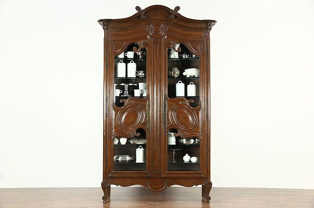 Country French 1800 Antique Oak Curio or China Display Cabinet, Beveled Glass photo