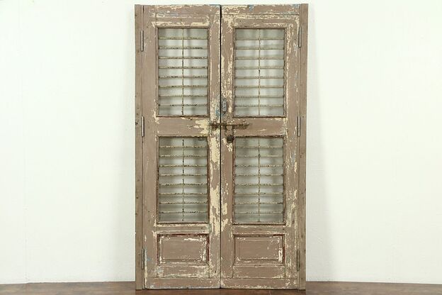 India Antique Architectural Salvage Pair 22" Brown Doors Iron Bars Wine Cellar photo