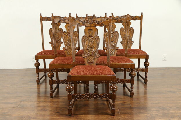 Set of 6 Antique Carved Oak Rathskeller Scandinavian Dining Chairs #31207 photo