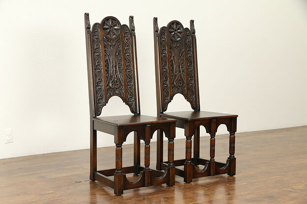 Pair of Renaissance Carved Antique Oak Hall Chairs #31988 photo