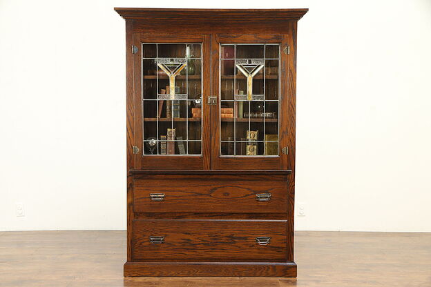 Arts & Crafts Mission Oak Antique Bookcase, China Cabinet, Leaded Glass #32002 photo