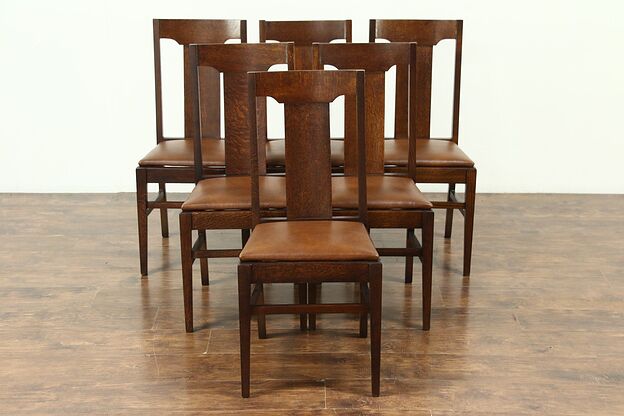 Set 6 Arts & Crafts Mission Oak Antique Craftsman Dining Chairs, Leather #28678 photo