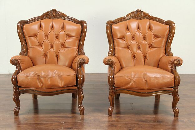 Pair of Carved Fruitwood Vintage Wing Back Chairs, Tufted Leather, Italy #28986 photo