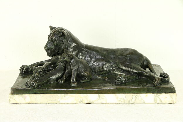 Bronze French Antique Sculpture of Lion & Cubs, Statue Signed Piot #30360 photo