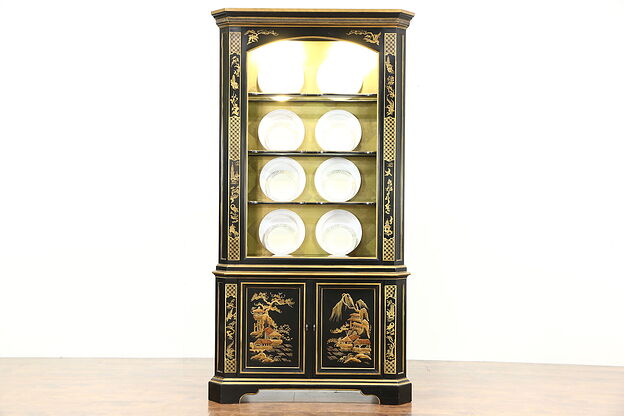 Black Lacquer Chinoiserie Vintage Curio or China Display Cabinet Signed Heritage photo