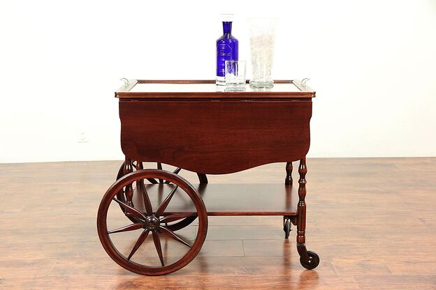Bar Cart, Vintage Walnut Beverage, Dessert or Tea Trolley & Glass Tray #29226 photo