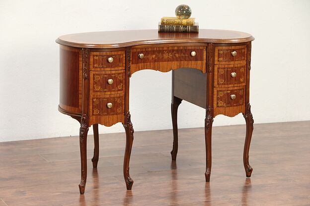 Kidney Shape Vintage Carved Mahogany & Inlaid Marquetry Desk  #29709 photo