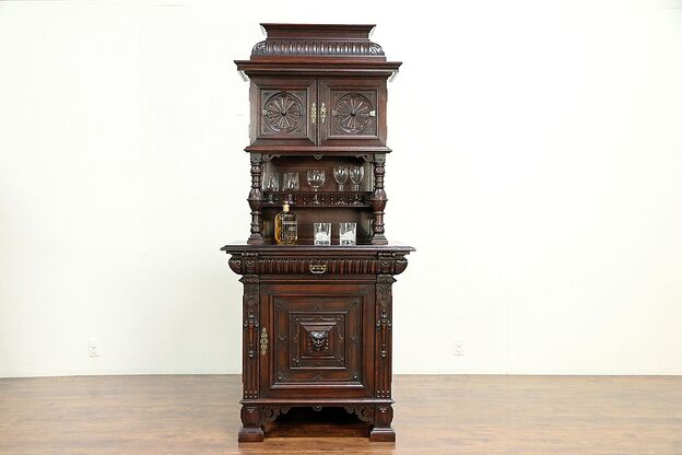 French Antique Oak Sideboard China Cabinet, Bar or Server, Hand Carved #30097 photo
