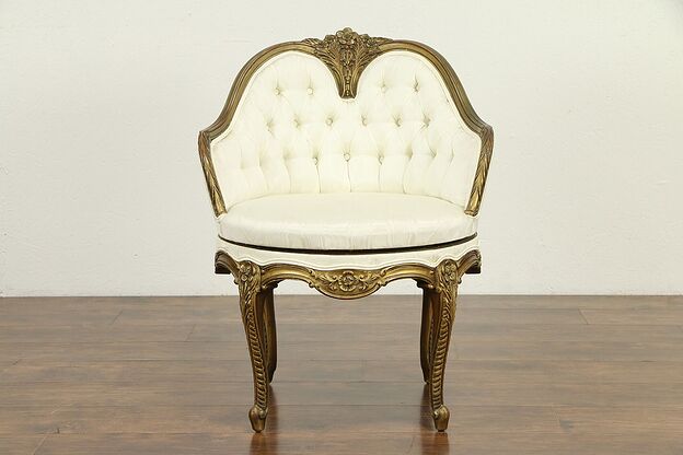 Swivel Vintage Carved Chair, Carved Dark Gold Frame, Tufted Upholstery #31582 photo