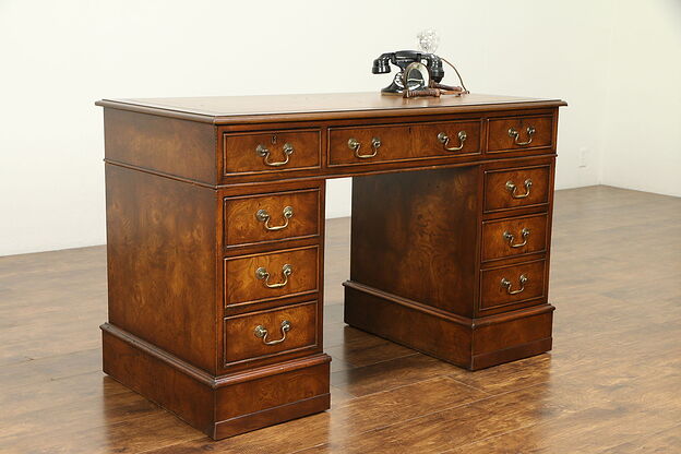 Traditional Elm Burl English Vintage Library Desk, Leather Top #31035 photo