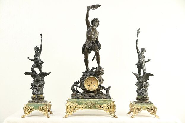 French Antique Mantel Clock Set, Onyx & Bronze, 3 Sculptures, Signed #29618 photo