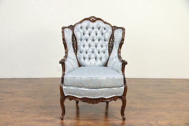 French Style Carved Vintage Wing Chair, New Upholstery #30147 photo
