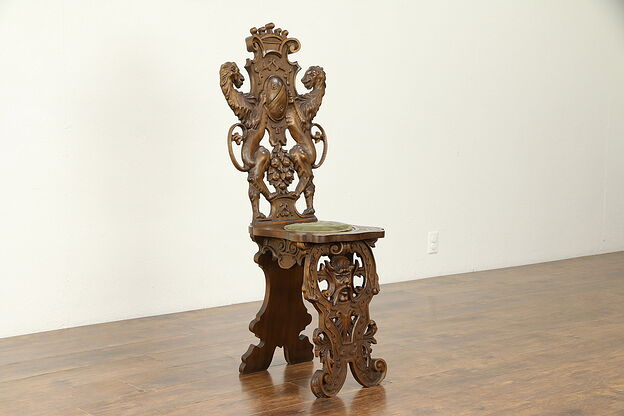 Vintage Italian Walnut Chair, Carved Lions, Faces, Crown & Crest B #30942 photo