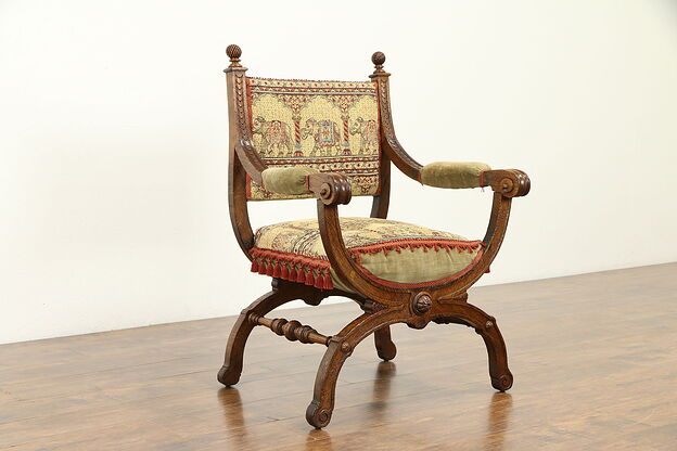 Hand Carved Oak Antique French Chair, Elephant Upholstery #31233 photo