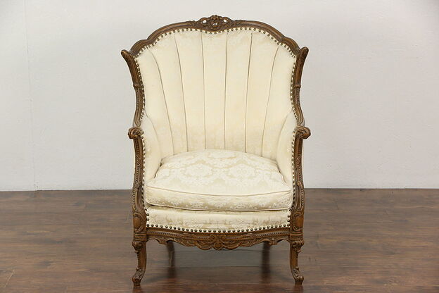 Carved French Style 1920's Antique Channel Tufted Wing Chair, Down Cushion photo