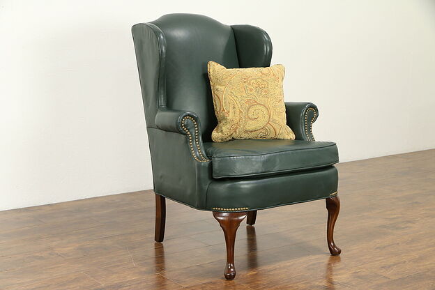 Leather Vintage Wing Chair, Brass Nailhead Trim, Signed North Hickory #31646 photo