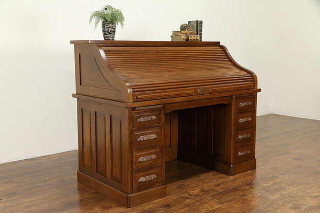 Quartersawn Oak Antique Roll Top Library or Office Desk, Raised Panels #31763 photo