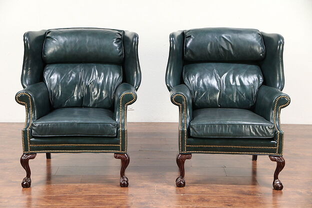 Georgian Pair Traditional Vintage Leather Wing Chairs, Signed Parliament #29587 photo