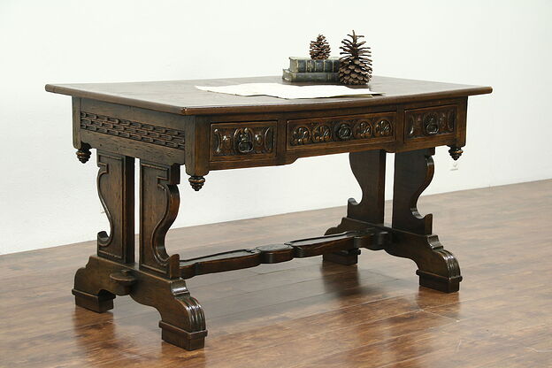 Oak Carved Antique Renaissance Design Library Table or Desk, Italy photo