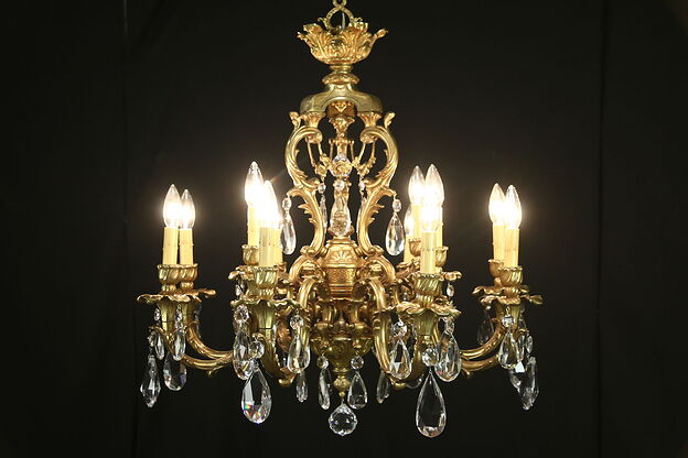 Bronze Finish 12 Light Vintage Chandelier, Cut Crystal Prisms photo