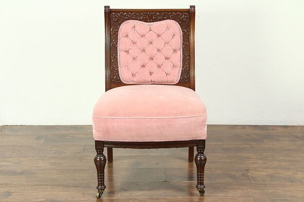Victorian Antique 1880's Carved Walnut Dressing Chair, Old Velvet #28651 photo