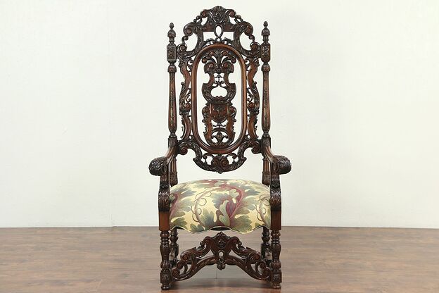 Carved Mahogany Antique Hall or Throne Chair, Tapestry Upholstery, Italy #28904 photo