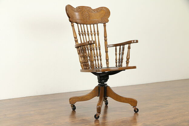 Victorian Antique 1900 Oak Pressback Swivel Desk Chair, Leather, Meyer #31381 photo