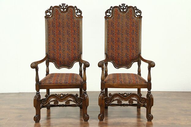 Pair of Antique Carved Walnut Throne, Host or Hall Chairs, Scandinavia #28875 photo