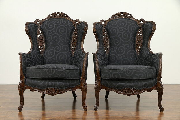 Pair of Vintage Wing Chairs, Carved Lovebirds & Angels, New Upholstery #31375 photo