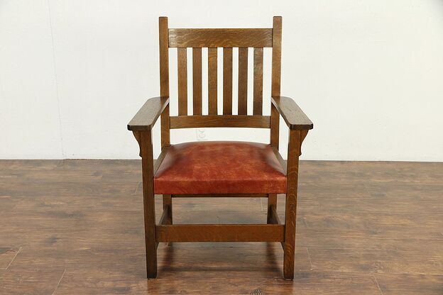Arts & Crafts Mission Oak Antique Craftsman Chair, Leather Seat #30092 photo