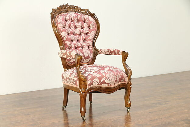 Victorian Antique 1860 Walnut Tufted Chair, Carved Grapes & Pineapple  #30452 photo