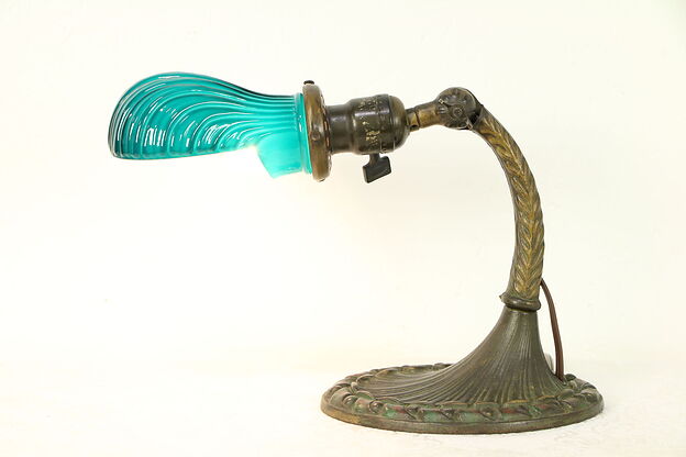 Desk Lamp, Antique Emerald Glass Shade, Iron Base, Signed Aladdin IN #30501 photo
