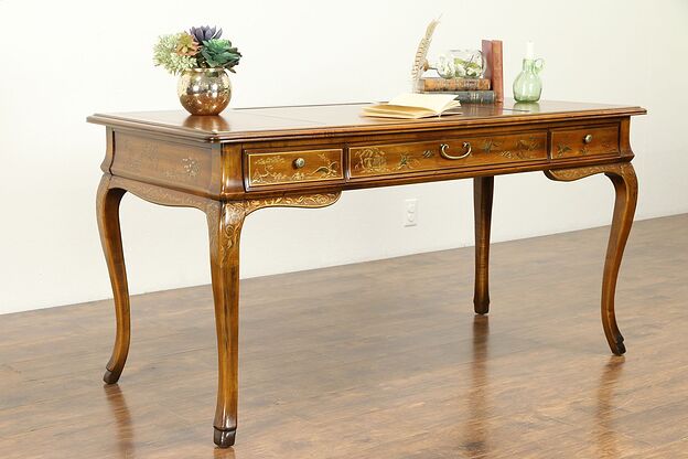 Carved Fruitwood Vintage Library Desk, Hand Painted, Leather Top, Drexel #31113 photo