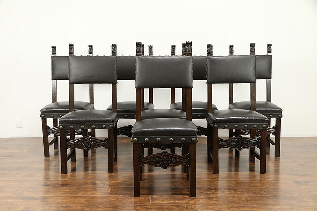 Set of 8 Italian Antique 1890 Carved Walnut Dining Chairs, New Leather #31289 photo
